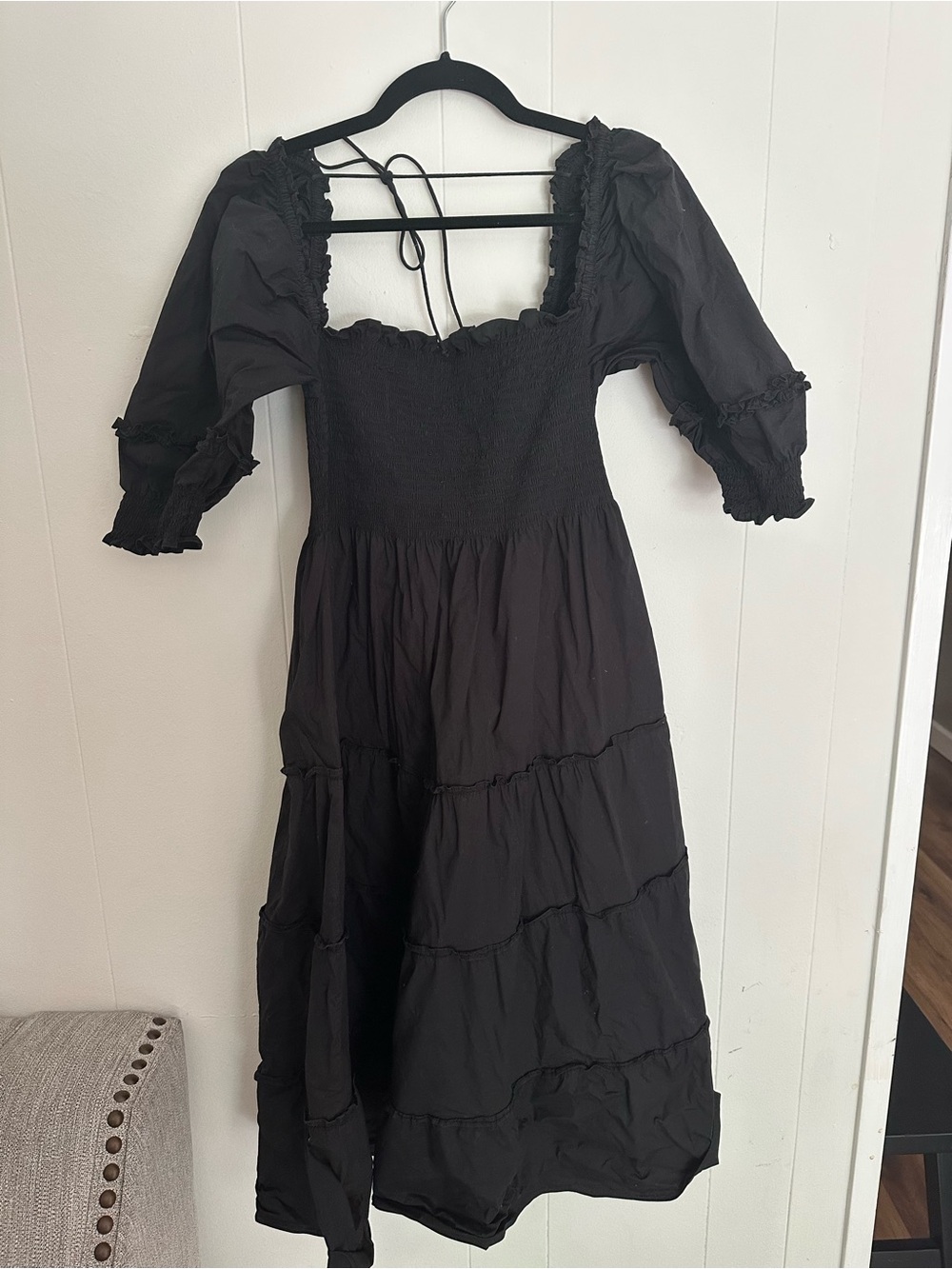 Hill House Nap Dress Black Square-Neck Midi Dress with Puff Sleeves